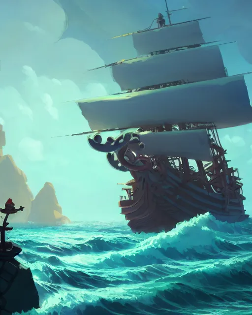 Image similar to a pirate ship being attacked by a kraken, deep water, glowing fish, rocks with lush vegetation, cory loftis, james gilleard, atey ghailan, makoto shinkai, goro fujita, studio ghibli, rim light, exquisite lighting, clear focus, very coherent, plain background, soft painting