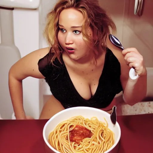 Image similar to fat jennifer lawrence eating spaghetti in the bathroom