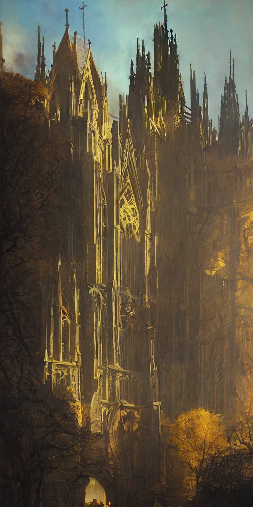 Prompt: sunlit vista, dieselpunk gothic cathedral, painted by ruan jia, petrol oil, lawrence alma tadema, zdzislaw beksinski, norman rockwell, jack kirby, tom lovell, alex malveda, greg staples, hand of fear, bbc, tv