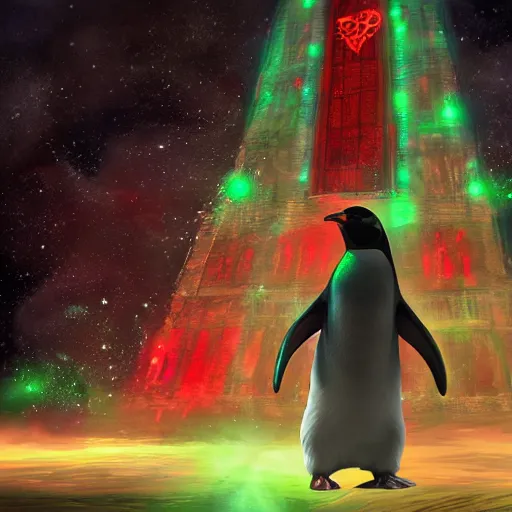 Image similar to penguin with red glowing eyes in front of a green glowing tower in the background, guild wars 2 art style