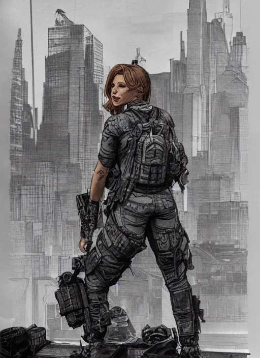 Prompt: Dinah. USN special forces operator looking at city skyline. rb6s Concept art by James Gurney and Alphonso Mucha.