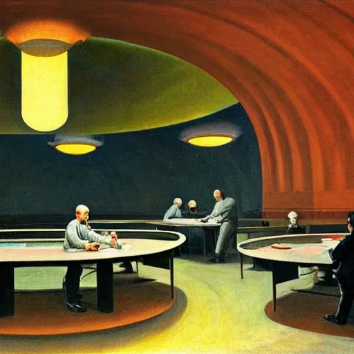 Prompt: scientists testing an experimental quantum plasma reactor in a dome - shaped control center, grant wood, pj crook, edward hopper, oil on canvas