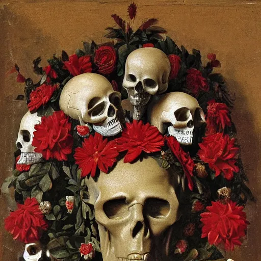 Image similar to a man in the form of a Greek sculpture with a mask in the form of a skull and wreath of flowers skulls in hands dressed in a biomechanical dress, red white and gold color scheme, baroque, by Michelangelo, high detail