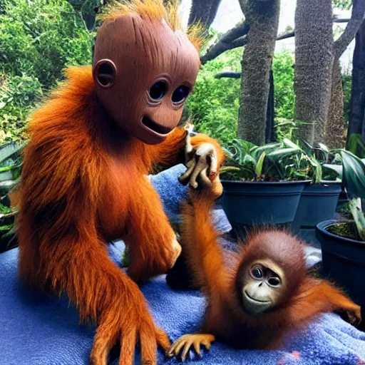 Prompt: Little Groot playing with a baby orangutan by Disney