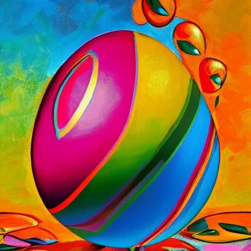 Prompt: a huge multicolor egg, stylised, vibrant colors, baroque, detailed, oil on canvas, trending on artstation