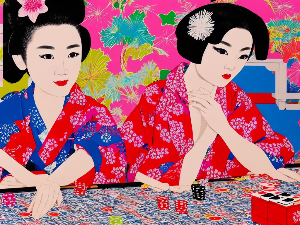 Image similar to hyperrealism composition of the detailed single woman in a japanese kimono sitting at an extremely detailed poker table with barbie, fireworks and folding screen on the background, pop - art style, jacky tsai style, andy warhol style, acrylic on canvas