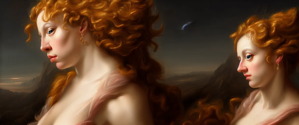 Image similar to hyperrealist highly detailed rococo portrait of god as a woman breaking the earth into pieces concept art pascal blanche very dramatic lighting 8k wide angle shallow depth of field