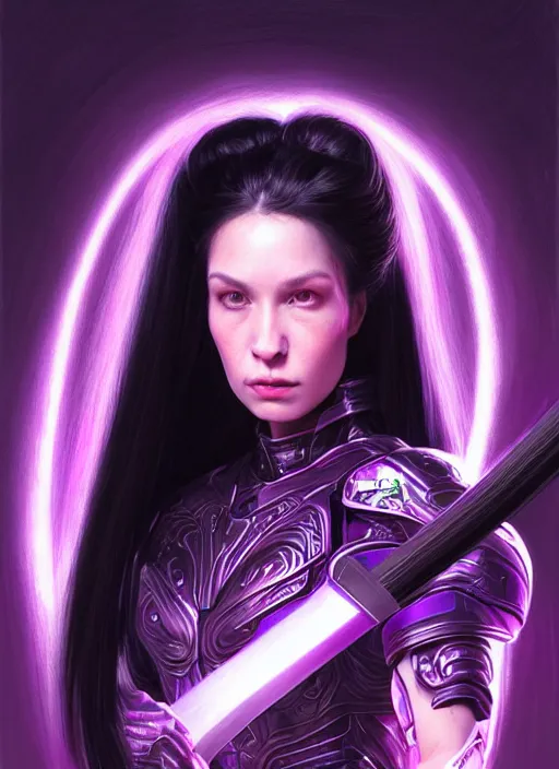 Image similar to portrait of a woman with long black hair in a ponytail, in sci - fi armor, platemail, close fitting, holding a katana made of purple energy, intricate, elegant, glowing lights, highly detailed, digital painting, artstation, concept art, smooth, sharp focus, illustration, art by wlop, mars ravelo and greg rutkowski