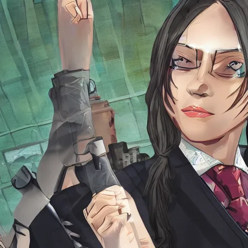 Image similar to female lawyer, business suit, brown neat hair, pixiv, fanbox, trending on artstation, digital painting, portrait, defense attorney, modern, sleek, highly detailed, formal, serious, determined, competent, colorized