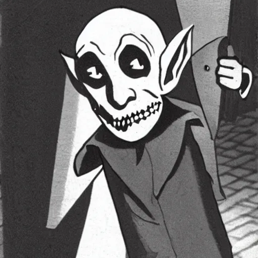 Prompt: nosferatu in his school uniform chasing after the school bus, his arm is outstretched