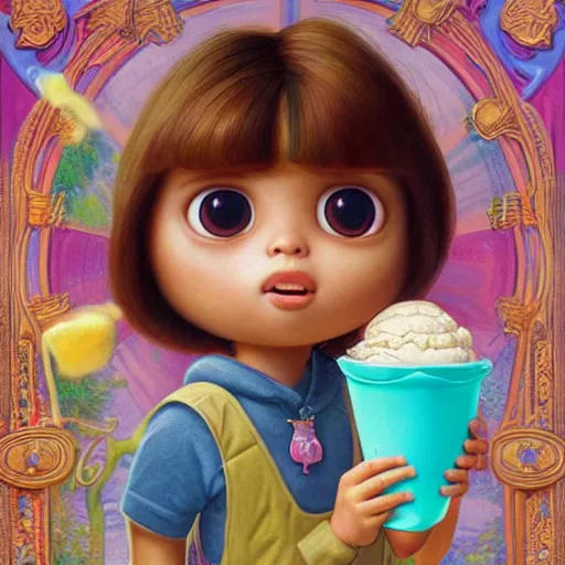 Image similar to portrait of dora the explorer as real girl holding ice cream, detailed, intricate complex background, Pop Surrealism lowbrow art style, mute colors, soft lighting, by Mark Ryden and mucha, artstation cgsociety