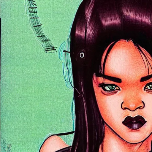 Prompt: a portrait of rihanna drawn by akira toriyama, 8 0 s, pastel color, manga