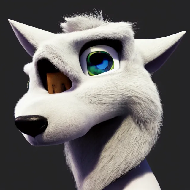 Prompt: portrait headshot of a handsome male white skull - wolf in the style of zootopia. pixar, fur volumetric lighting, subsurface scattering, hyperrealistic, octane render, hyperdetailed