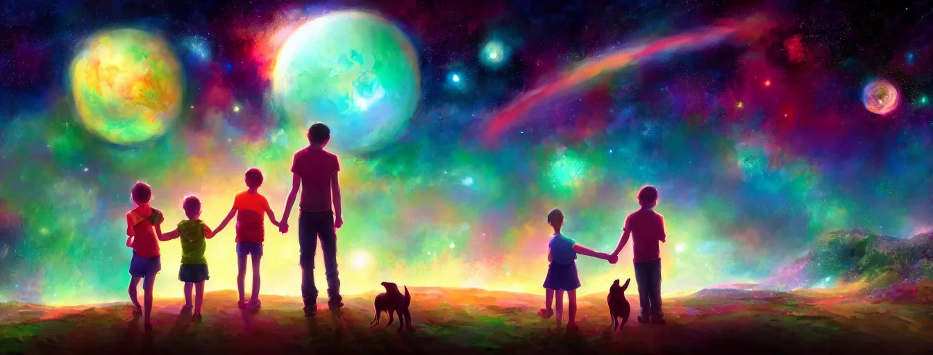 Image similar to rear view of a young couple and a kid holding hands, with a dog sitting next to them in a small green planet looking to the night sky displaying an entire colorful universe, digital art, epic, colorful, highly detailed, by ross tran, artstation