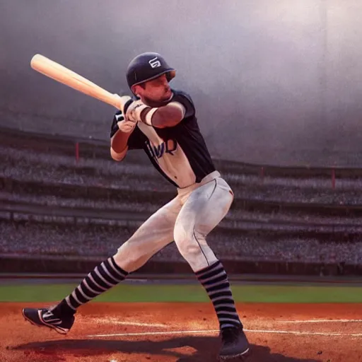 Image similar to baseball player hitting the ball with the baseball bat in the middle of the game and in front of everyone in the stadium, james gurney painting style, greg rutkowski, artstation, octane render, unreal engine 5