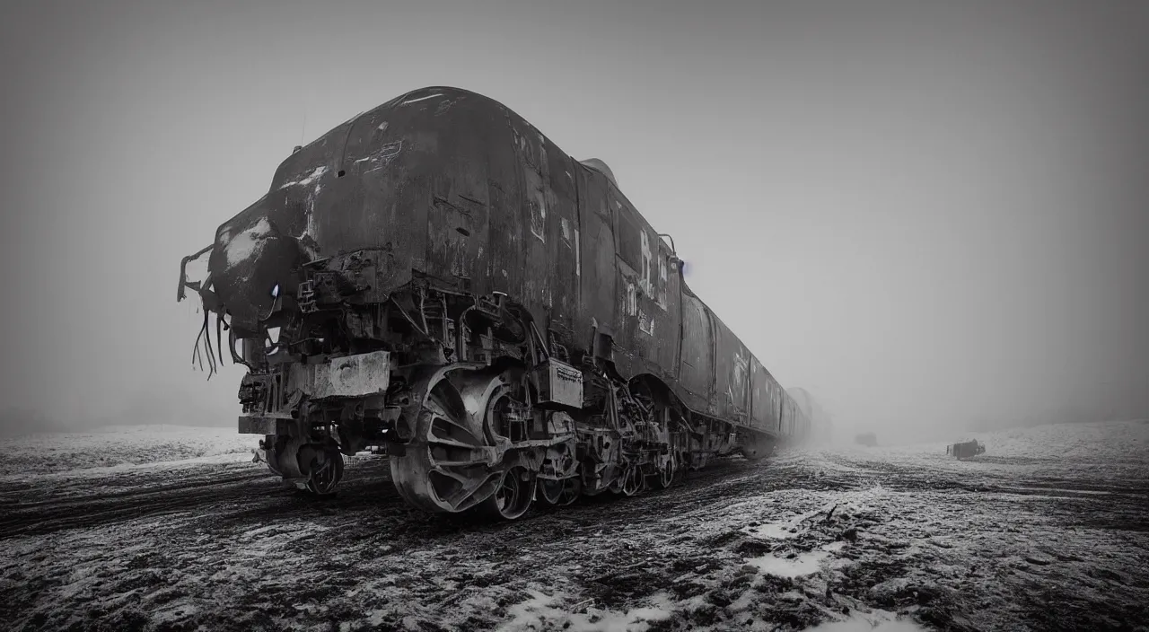 Image similar to “photo of one biomechanical mammoth in an arctic storm with fog and blizzard, the mammoth drags old gigantic coal wagons with snow, it's a sunset photo with cold tones, some people around ”