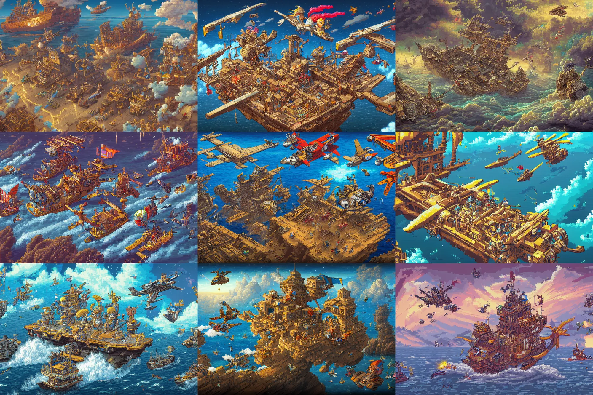 Prompt: 8 k beautifully detailed pixel art illustration of air pirates, intricate, epic composition, masterpiece, stunning masterfully illustrated by albertov, waneella, paul robertson, cyangmou, kirokaze, fool and pixel jeff.