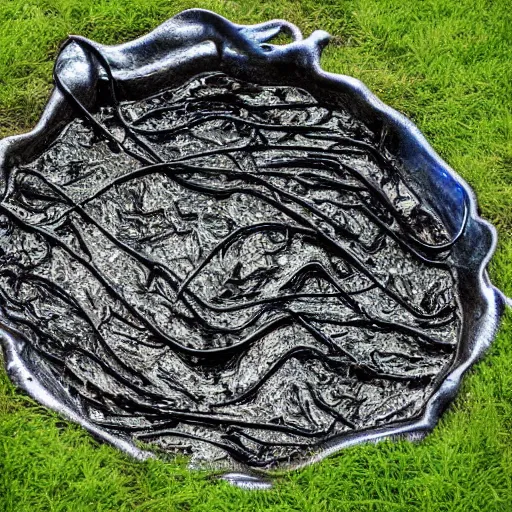 Prompt: photo melted metal liquid sculpture floting on grass
