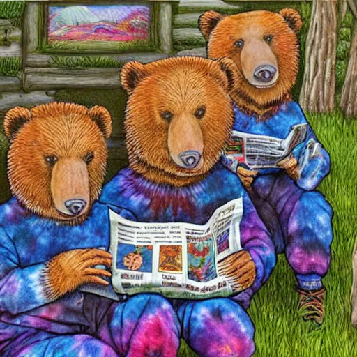 Prompt: 3 bears in tie dye shirts reading newspapers in a cottage, highly detailed, childrens fairy tale, portrait painting, illustration by scott gustafson