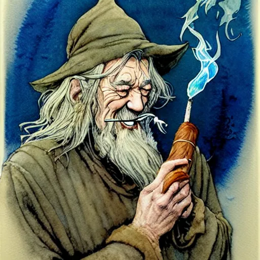 Image similar to a realistic and atmospheric watercolour fantasy character concept art portrait of gandalf with bloodshot eyes giggling and smoking a pipe looking at the camera by rebecca guay, michael kaluta, charles vess and jean moebius giraud