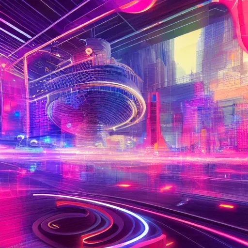 Image similar to futuristic city with dao yin - yang symbols floating around many neon lights, digital art