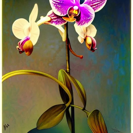 Image similar to surreal orchid lsd, bright diffuse lighting, soft, sharp focus, art by collier, albert aublet, krenz cushart, artem demura, alphonse mucha