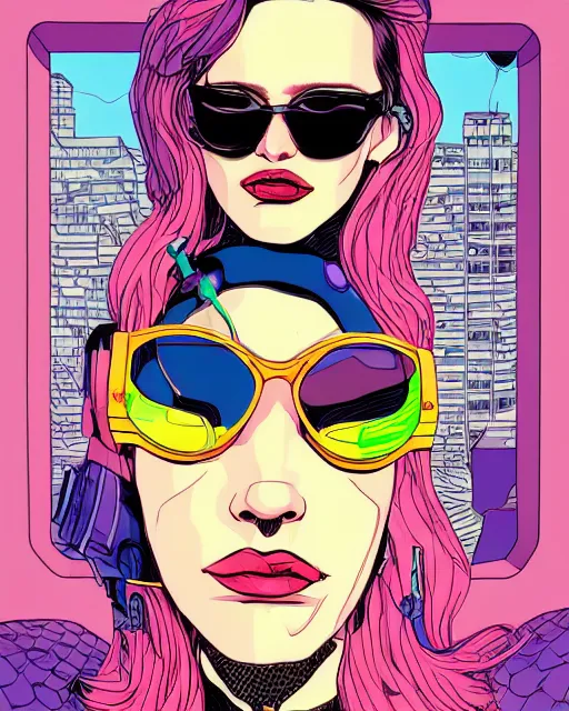 Prompt: hyper detailed comic illustration of a cyberpunk Kat Dennings wearing a futuristic sunglasses and a gorpcore jacket, markings on his face, by Patrick Nagel and Josan Gonzalez, intricate details, vibrant, solid background, low angle fish eye lens