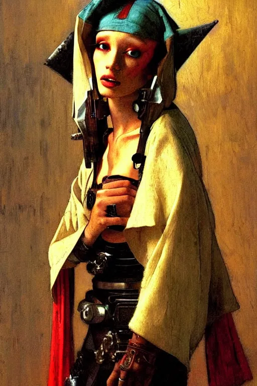 Prompt: full character portrait max mad cyberpunk warhammer 4 0 k, tech priest not the girl with the pearl earring character design, painting by gaston bussiere, katsuya terada, wyeth, greg rutkowski, barlowe, craig mullins, ( ( ( ( ( vermeer ) ) ) ) ), frank frazetta, mucha, tom of finland, trending on artstation