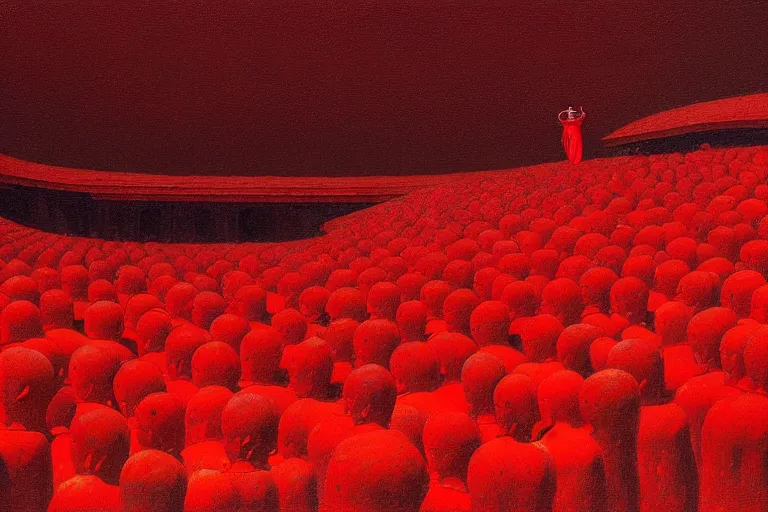 Image similar to only with red, a red great emperor, taormina amphitheatre, crowd with big smile, in the style of beksinski, parts by edward hopper, parts by rodcenko, parts by yue minjun, intricate and epic composition, red by caravaggio, insanely quality, highly detailed, masterpiece, red light, artstation, 4 k