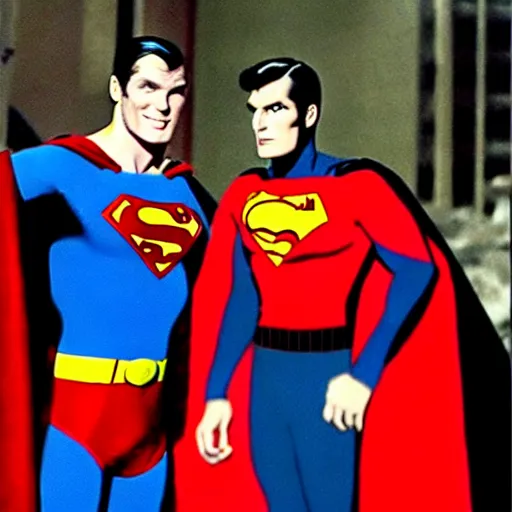 Image similar to adam west batman teams up with superman on the 1 9 6 6 batman tv show