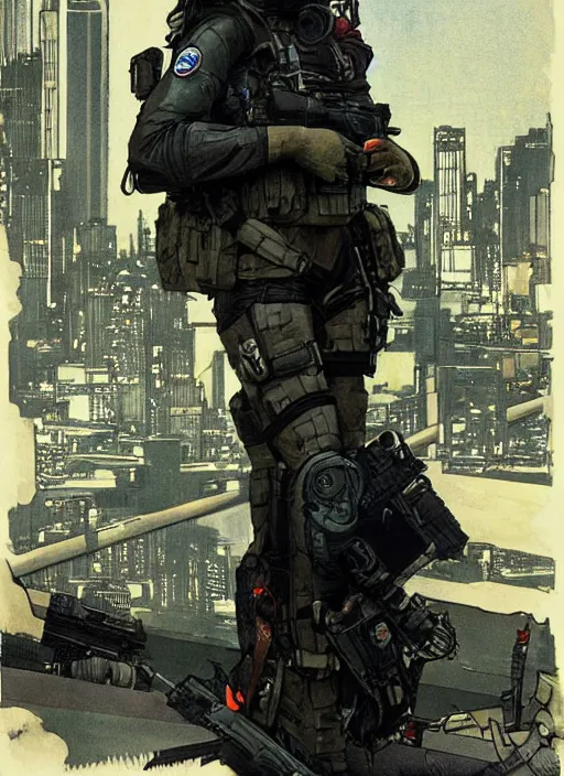 Image similar to Dinah. Beautiful USN special forces operator looking at city skyline. Agent wearing Futuristic stealth suit. rb6s Concept art by James Gurney, Alphonso Mucha.