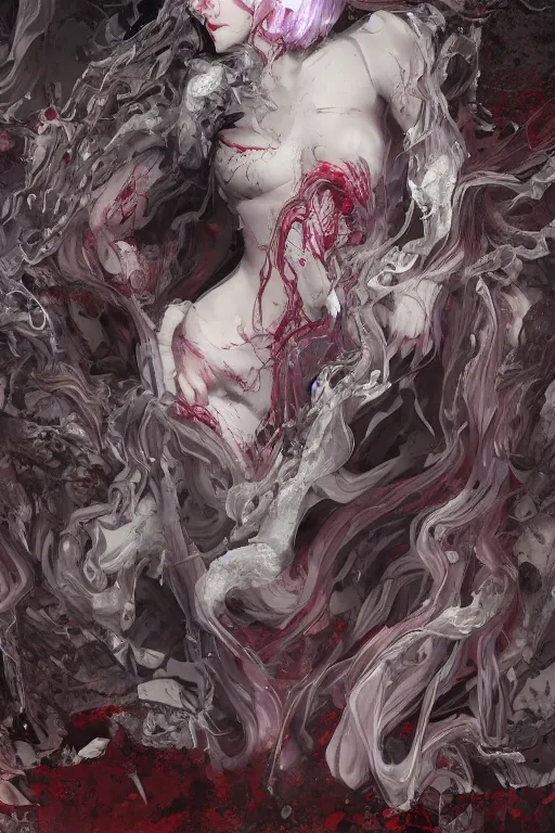 Prompt: A girl with a marble face, flowing silver-violet hair, stands with her arms spread out against the background of a blood-purple cloud, red streams flow through her body, skulls and bones of hands crawl out of the ground, dark red drops fly around, Anachronism, painting, dark fantasy, steampunk, 4k