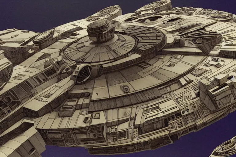 Image similar to the millenium falcon built from organic components, soft, sharp focus, detailed, sci-fi, hyperrealism, concept art by artgerm and Alphonse Mucha and Moebius