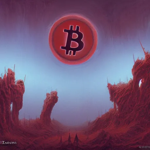 Image similar to the bitcoin apocalypse!!!, in the style of gerard brom and zdzisław beksinski