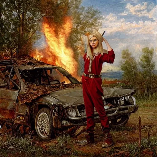 Prompt: a skinny elf with spiky blonde hair wearing dark brown overalls and holding dynamite standing next to a destroyed car, painting by Sophie Anderson