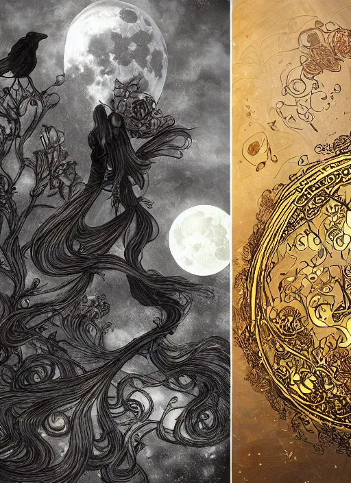 Image similar to golden elements at borders, side portrait , A young witch and a crow in front of the full big moon, creative book cover, winner of design award, red roses, red white black colors, establishing shot, extremly high detail, foto realistic, cinematic lighting, pen and ink, intricate line drawings, by Yoshitaka Amano, Ruan Jia, Kentaro Miura, Artgerm, post processed, concept art, artstation, matte painting, style by eddie, raphael lacoste, alex ross