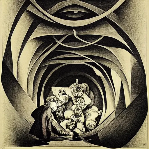 Image similar to lithography on paper secret layer dungeon conceptual figurative post - morden monumental dynamic portrait by goya and escher and hogarth, illusion surreal art, highly conceptual figurative art, intricate detailed illustration, controversial poster art, polish poster art, geometrical drawings, no blur