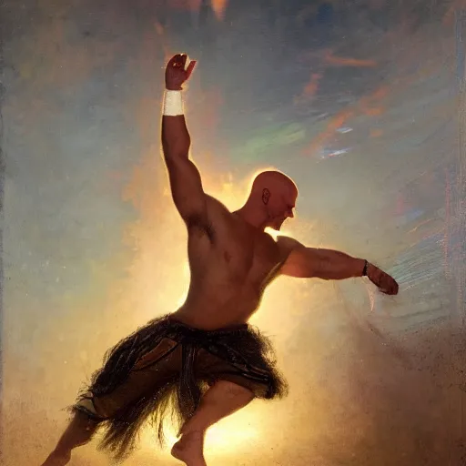 Image similar to bald wrestler breaking blonde wrestler's back, radiant light, caustics, heroic, bright iridescent light, by gaston bussiere, bayard wu, greg rutkowski, maxim verehin, epic wrestling combat, legendary