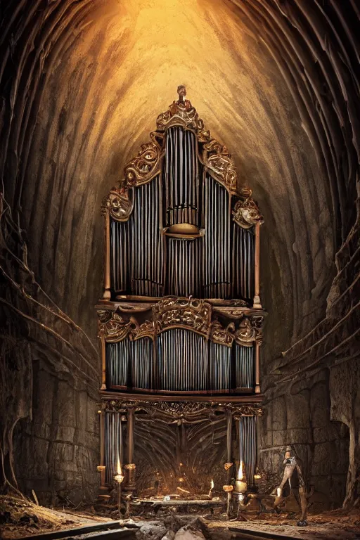 Prompt: epic view of an ornate pipe organ on a pile of bones in a vaulted cavern with torches, hyper real, Indiana Jones, Tomb Raider, trending on artstation, concept art, cinematic, jewels, by Greg Rutkowski