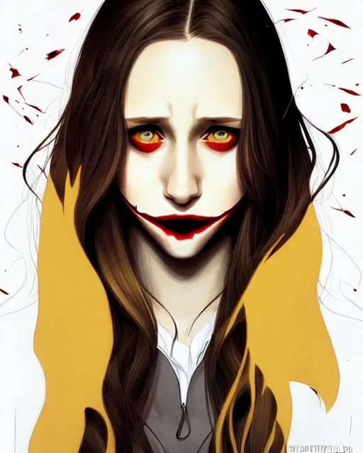 Prompt: in the style of Joshua Middleton and artgerm, beautiful evil vampire Taissa Farmiga sharp bloody vampire fangs open mouth, yellow eyes, symmetrical eyes, realistic face, symmetrical face, long black hair, full body, moody lighting