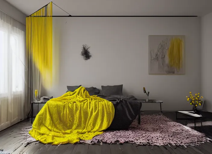 Image similar to rgb, woman, yellow bedroom, cinematic, movie scene, inspired by zdzislaw beksinski, new zealand landscape, clothes made out of veins,, cables everywhere, bedroom, ultra realistic, concept art, intricate details, highly detailed, photorealistic, octane render, 8 k