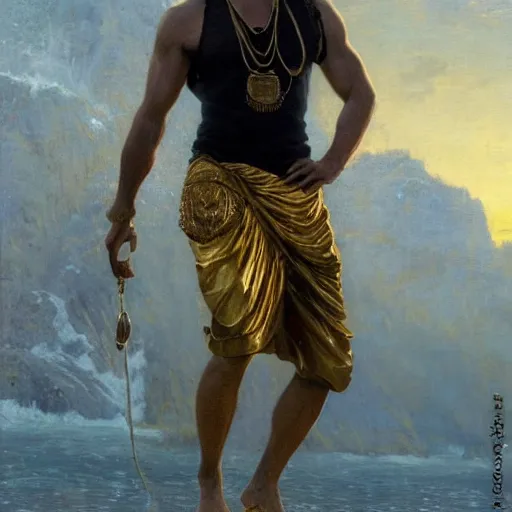 Image similar to detailed realistic cinematic wide shot of beautiful attractive muscular michael cera black beard pose with gold chain wearing blue suit gold robe slim face symettrical face clean skin black eyes black robe smooth, sharp focus, ultra realistic, spring light, painting by gaston bussiere, craig mullins, j. c. leyendecker