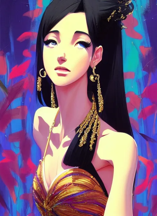 Prompt: a beautiful dancer with black hair in 1970's fashion, ballroom background, intricate, highly detailed, digital painting, artstation, official media, anime key visual, concept art, rich vivid colors, ambient lighting, sharp focus, illustration, art by Artgerm, Makoto Shinkai, Ilya Kuvshinov, Lois Van Baarle, and Rossdraws