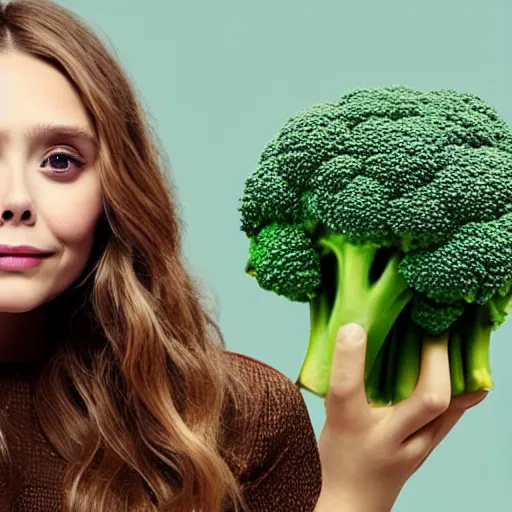 Image similar to elizabeth olsen with a [ [ head made of broccoli ] ]!!, trending on cgsociety, 4 k quality, intricate