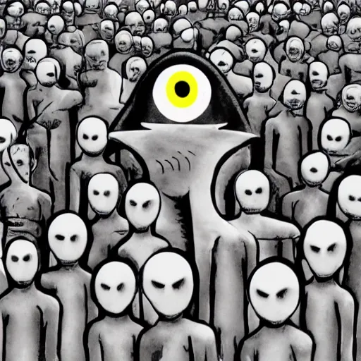 Prompt: grey aliens with large eyes watching over an enslaved humanity