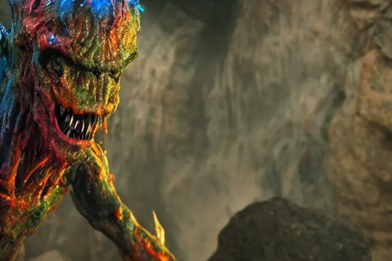 Prompt: vfx movie scene closeup ferocious monstrous alien with streaks of color in its skin creature in underground rocky cave. by emmanuel lubezki