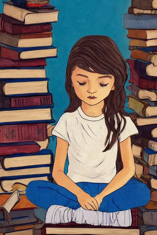 Image similar to a little girl with wavy light brown hair and blue eyes sits cross legged on top of a tall pile of books. she is reading. clean elegant pretty cartoon painting, beautiful detailed face, soft outlines, storybook illustration.