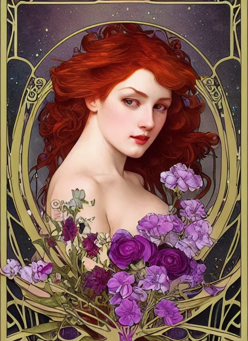 Image similar to redhead woman, rococo and art nouveau fusion, iridescent diaphanous refractive and reflective flower bouquet, tarot card, highly detailed, deep focus, elegant, digital painting, smooth, sharp focus, illustration, ultra realistic, 8 k, art by artgerm and alphonse mucha