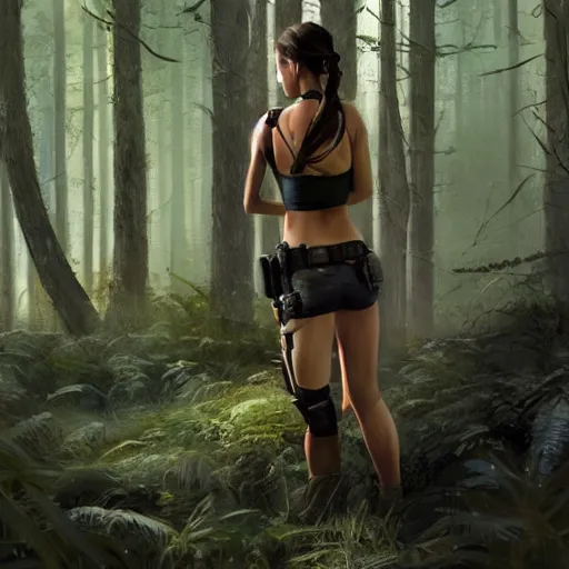 Prompt: photo of lara croft being arrested by cops in a forest, 8 k, by greg rutkowski, artgerm,