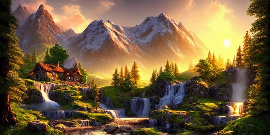 Prompt: a beautiful fantasy landscape, mountain in background, a waterfall in the mountains, little cottage, small pond, some trees in the corner, sunrise, hyper realism, artgem, octane art, artwork by philipp urlich